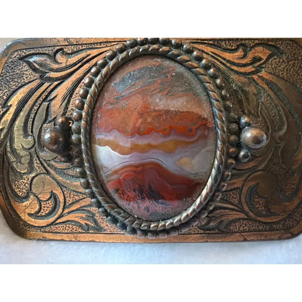 Vintage Western Belt Buckle Natural Agate Stone Scroll Engraved Brass Tone